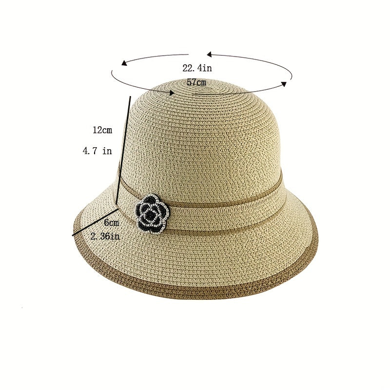Camellia Decor Sun Hat French Style Straw Bucket Hat Outdoor Sunshade