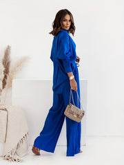 Solid Button Up Blouse & Wide Leg Pants Set