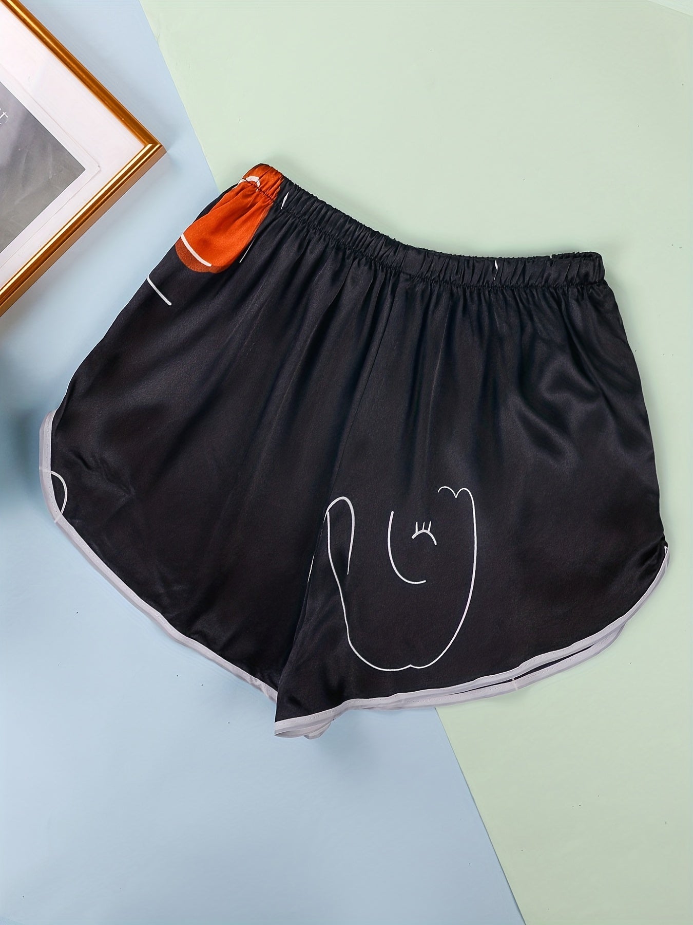 Eyelash Print Satin Lace Up Shorts Women's Sleepwear