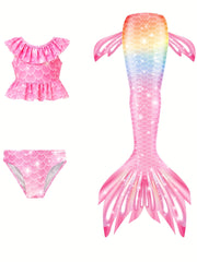 Girl's Tie Dye Mermaid Swimsuit Ruffle Bikini Set & Mermaid Tail Costume