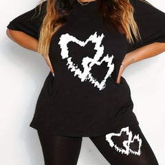 Heart Print 2pc Set Short Sleeve T shirt & Shorts Outfit Women's Clothing