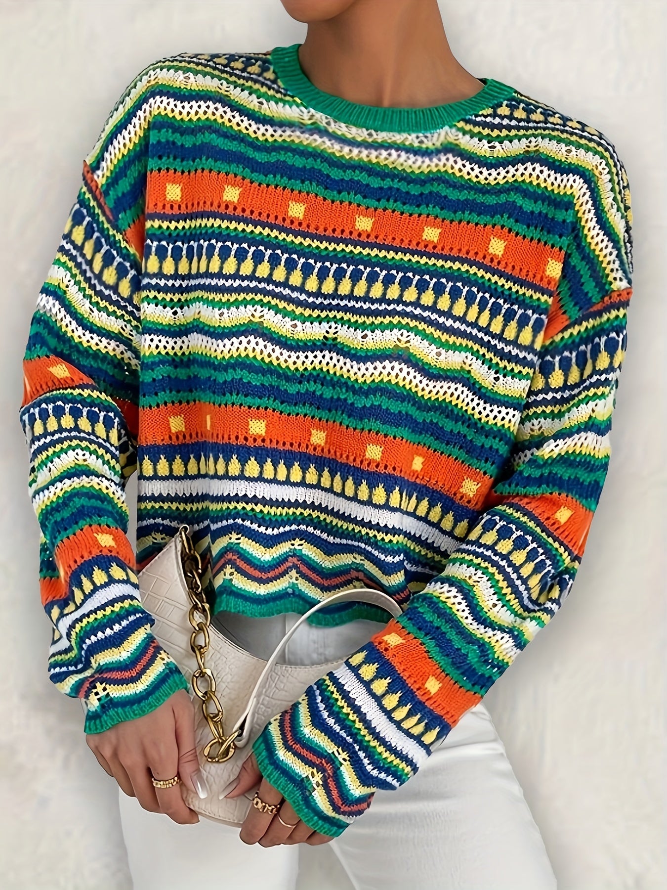 Ethnic Print Eyelet Knit Sweater Casual Crew Neck Long Sleeve Sweater