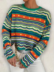 Ethnic Print Eyelet Knit Sweater Casual Crew Neck Long Sleeve Sweater