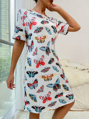 Butterfly Print Lounge Dress Soft & Comfy Short Sleeve Home Dress Women's Lounge