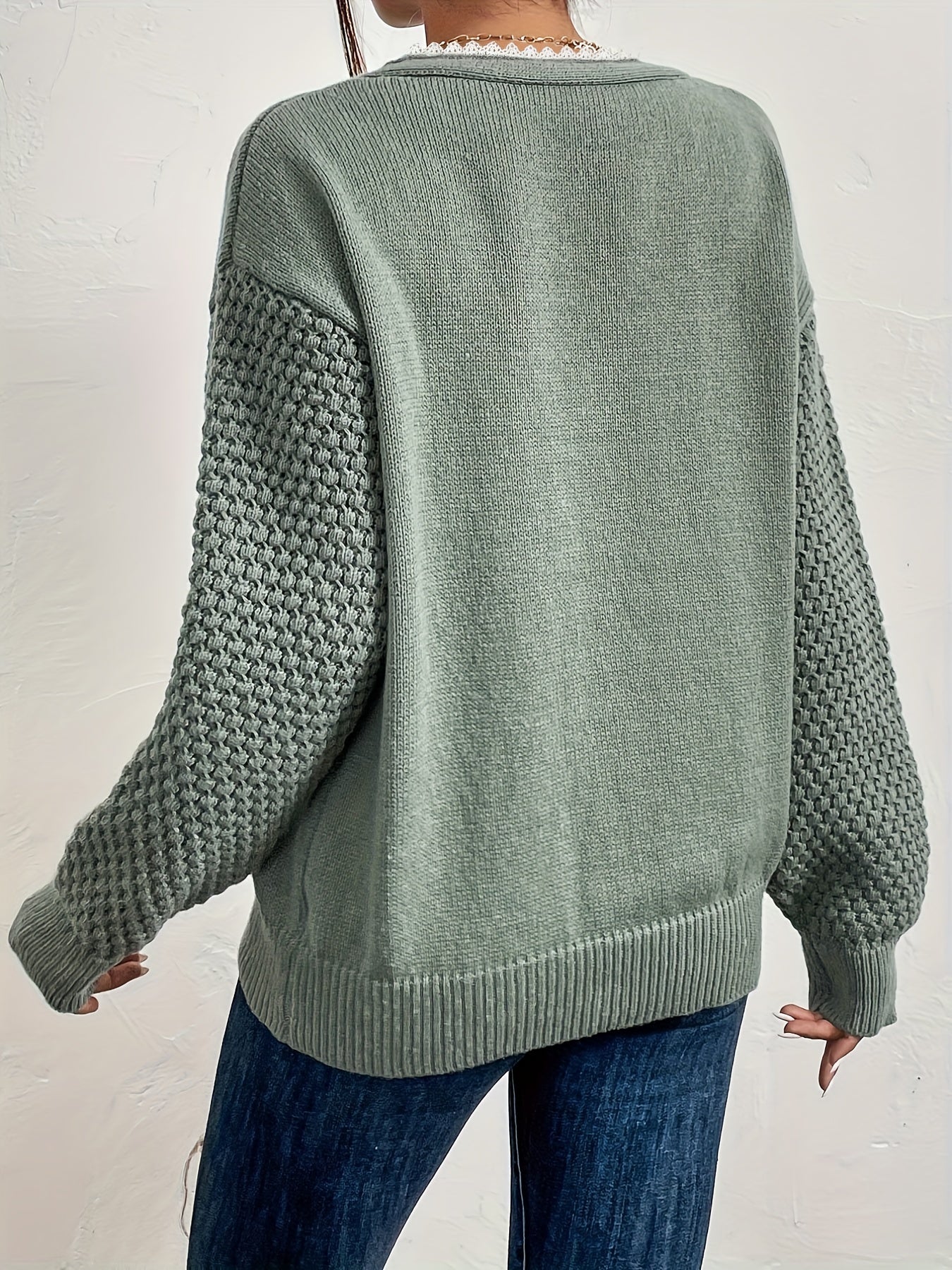 Lace V Neck Pullover Sweater Casual Long Sleeve Drop Shoulder Sweater