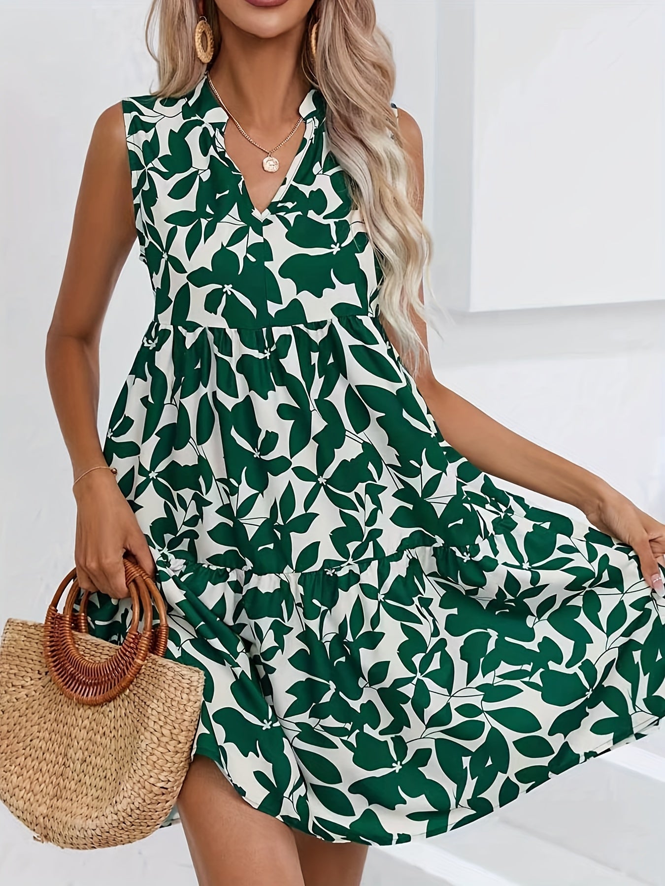 Plants Print V Neck Sleeveless Midi Dress