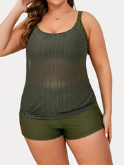 Modest Tankini Set Women's Solid Round Neck Cami Top & Shorts Swimsuit