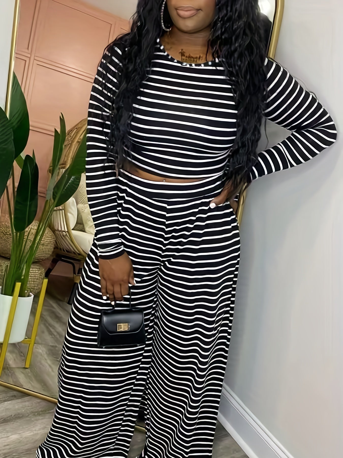 Striped Long Sleeve Crop Top & Wide Leg Pants Set