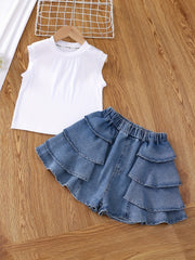 Girls Sleeveless Denim Vest Top and Cake Skort Set