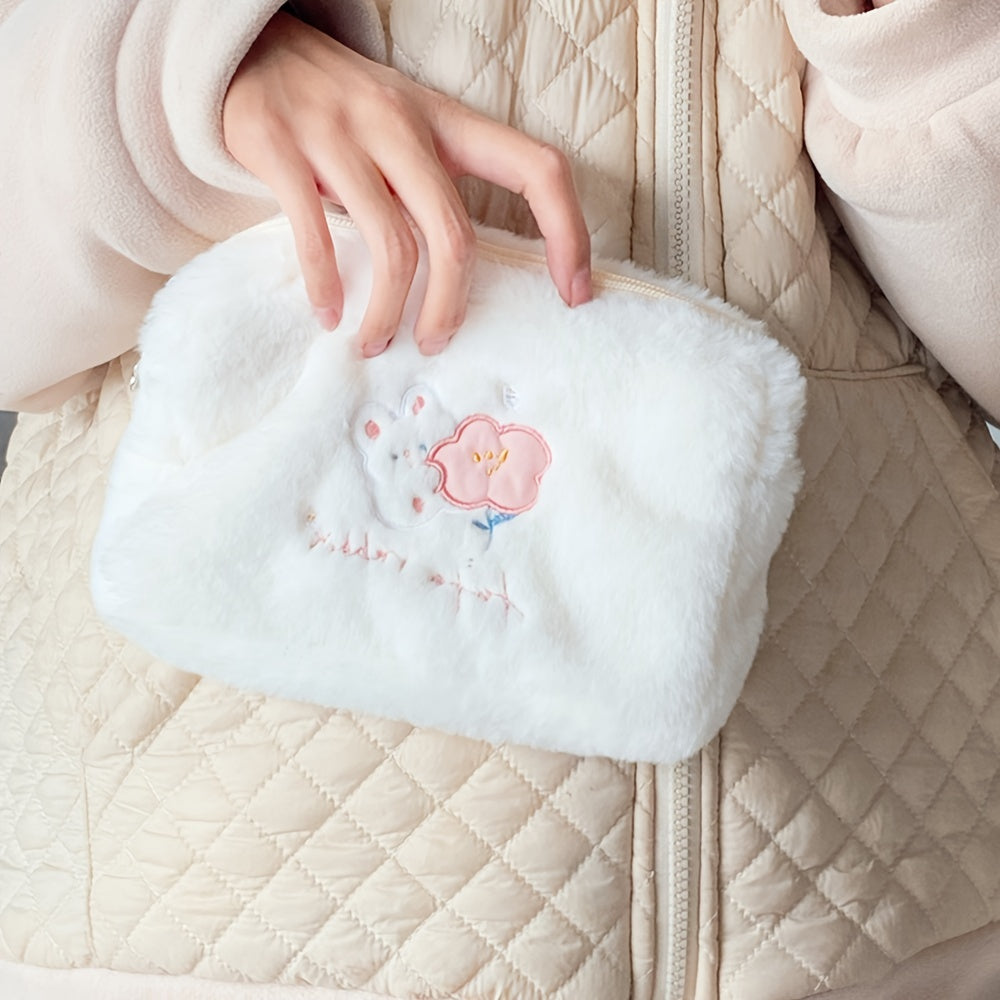 Embroidered Rabbit Cosmetic Bag Soft Plush Travel Makeup Pouch