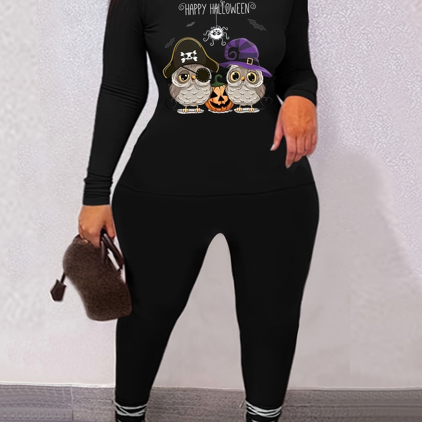 Owl Print Long Sleeve Tee & Skinny Pants Set Women's Casual Outfit