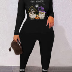 Owl Print Long Sleeve Tee & Skinny Pants Set Women's Casual Outfit