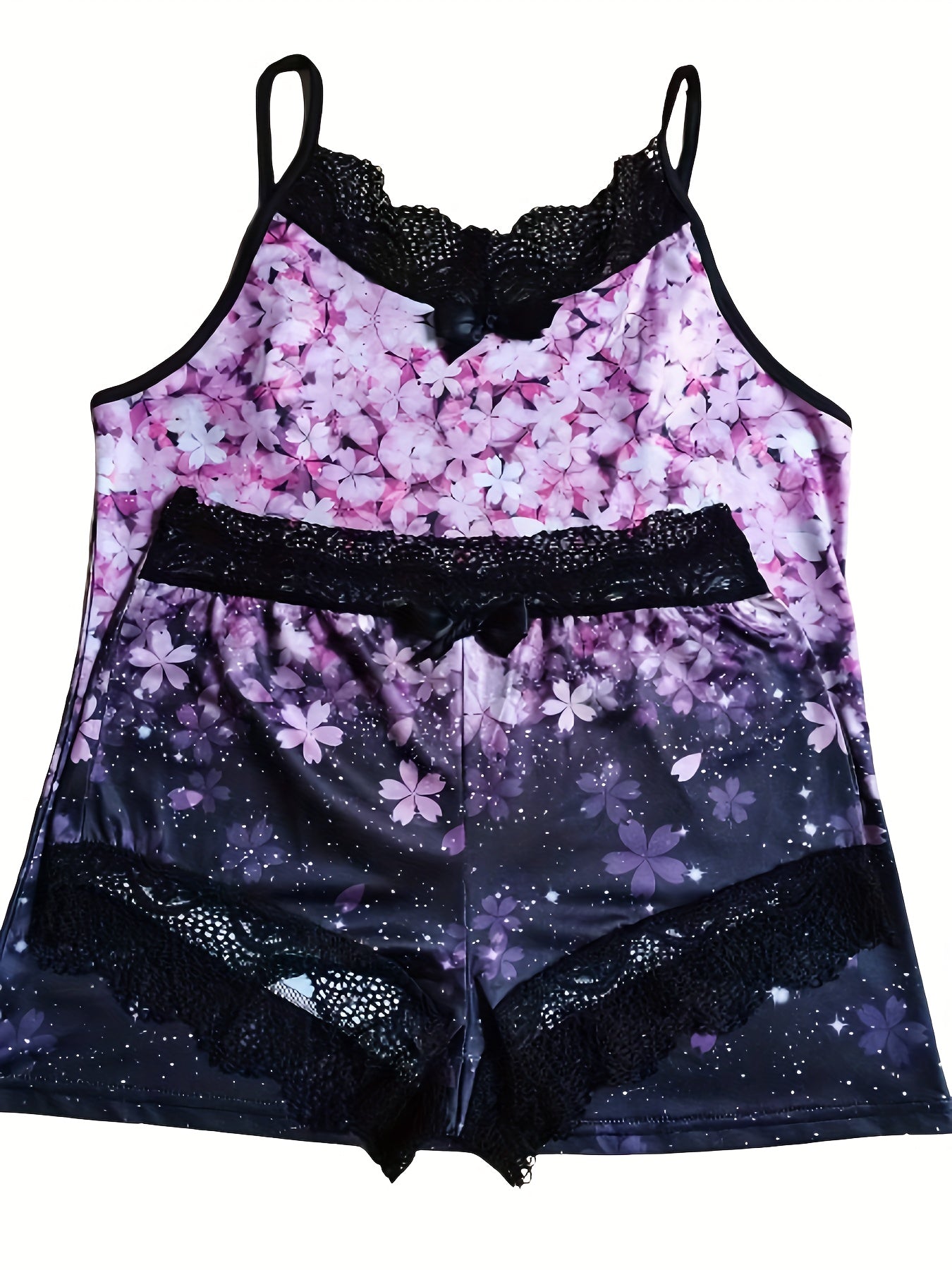 Floral Print Pajama Set Lace Trim Sleeveless V Neck Cami Top & Bow Decor Shorts