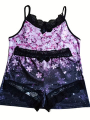 Floral Print Pajama Set Lace Trim Sleeveless V Neck Cami Top & Bow Decor Shorts
