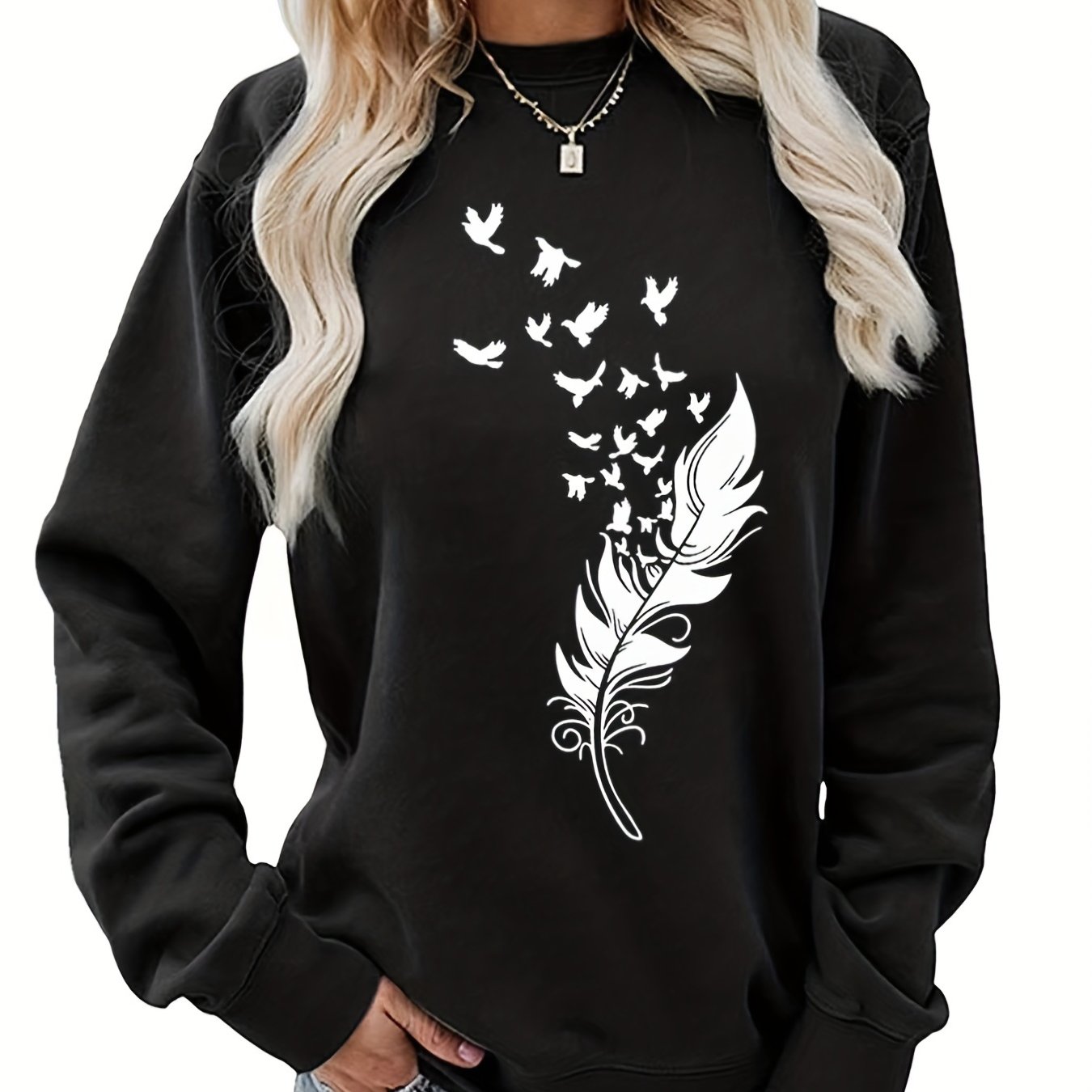 Feather Print Pullover Sweatshirt Loose Fit for Fall & Winter