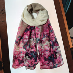 Vintage Flower Print Scarf Pink Gradient Warm Shawl Women