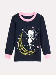 2pcs Girls Pajamas Cartoon Moon Girl Graphic Cotton Pjs Set