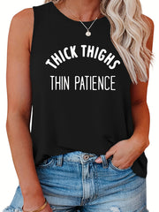 Casual Tank Top Women's Plus Slogan Print Round Neck Slight Stretch