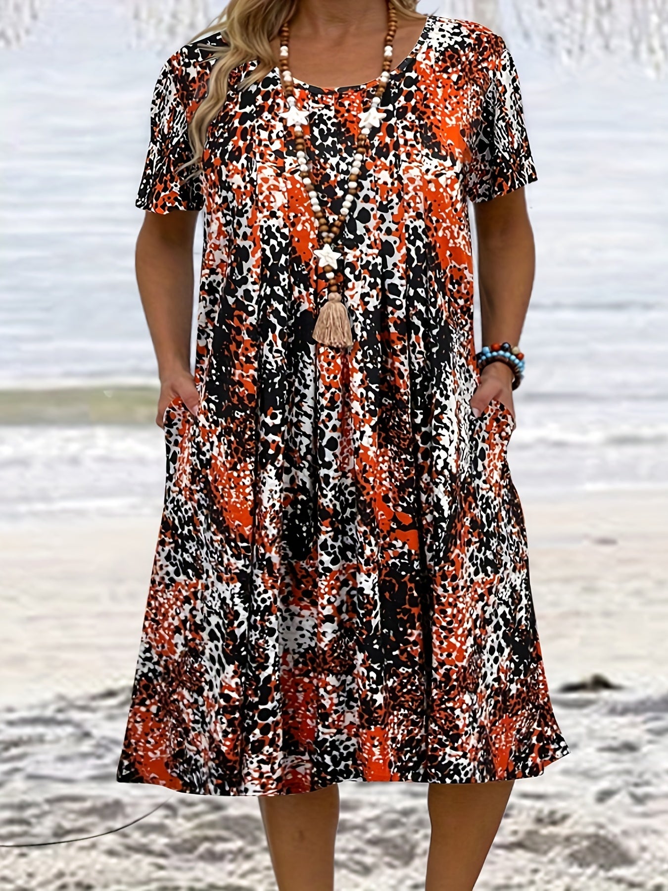 Allover Print Short Sleeve Dress With Pockets