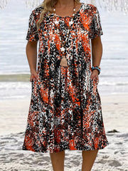 Allover Print Short Sleeve Dress With Pockets