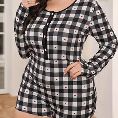 Heart & Plaid Print Button-Up Lounge Romper