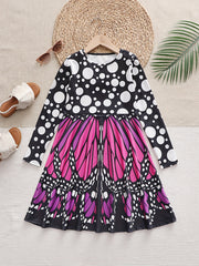 3D Butterfly Print Crew Neck Long Sleeve Dress Girls