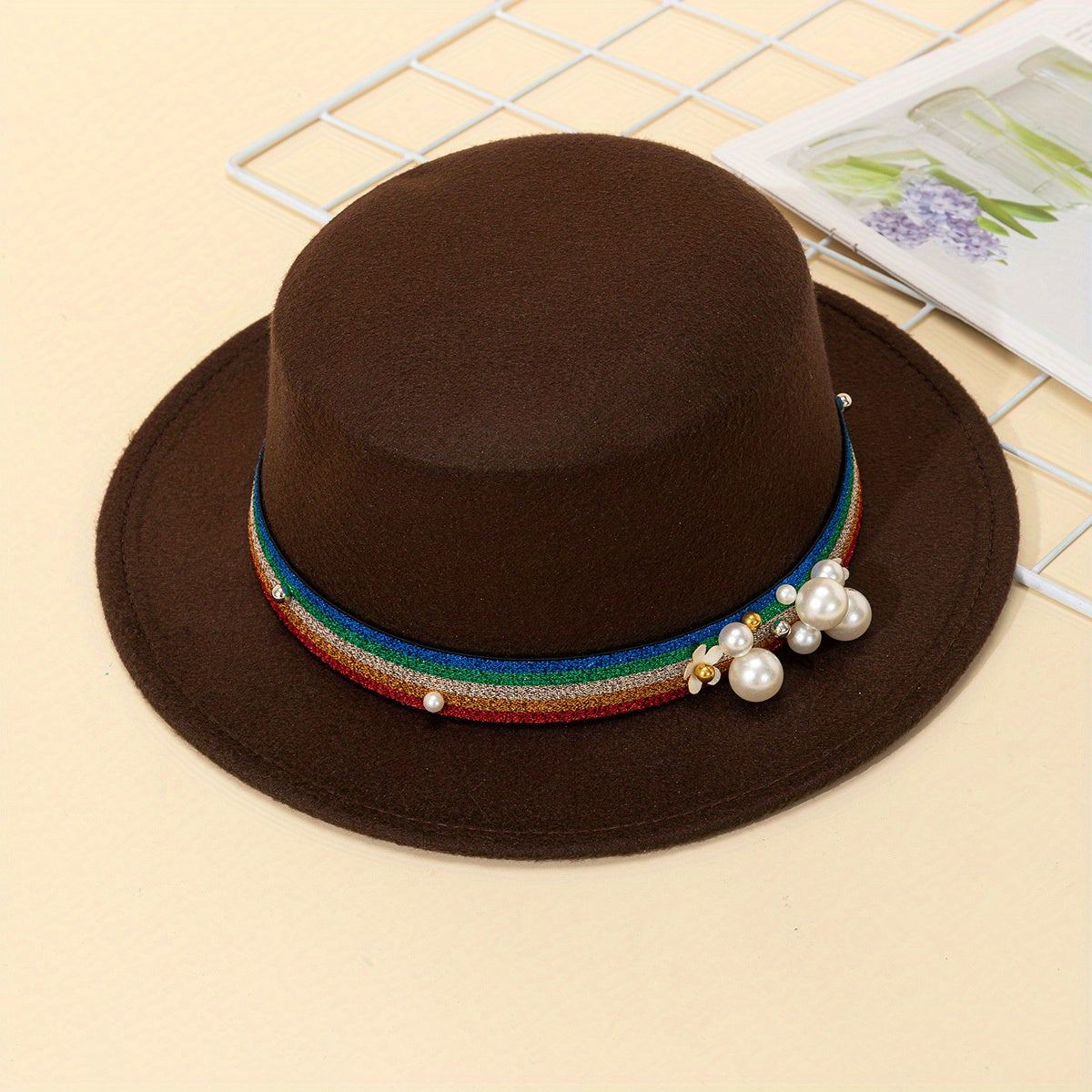 Rainbow Pearl Flat Top Woolen Hat for Adult