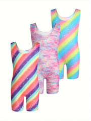 3pcs Girls Rainbow Stripped 1 piece Gymnastics Romper Set