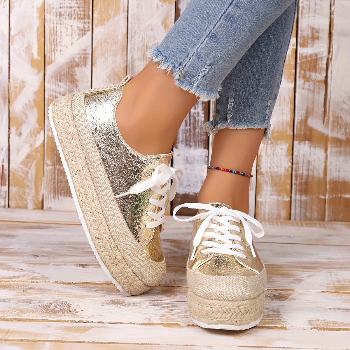 Metallic Platform Sneakers Lace Up Espadrille Shoes