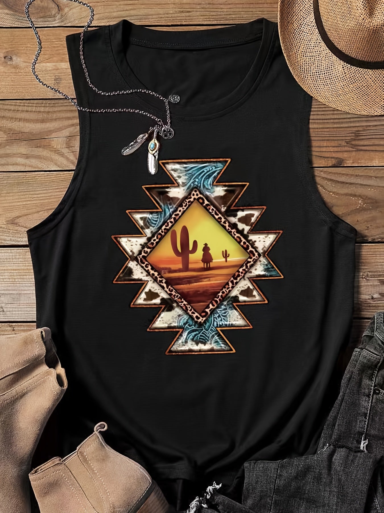 Cactus Print Tank Top Crew Neck Knitted All Season Women's Clothing