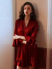 Women's Satin Ruffle Night Robe Long Sleeve V Neck Robe
