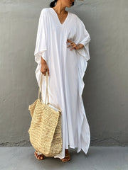Boho Cover Up Women's Plus Solid Batwing Sleeve V Neck Split Maxi