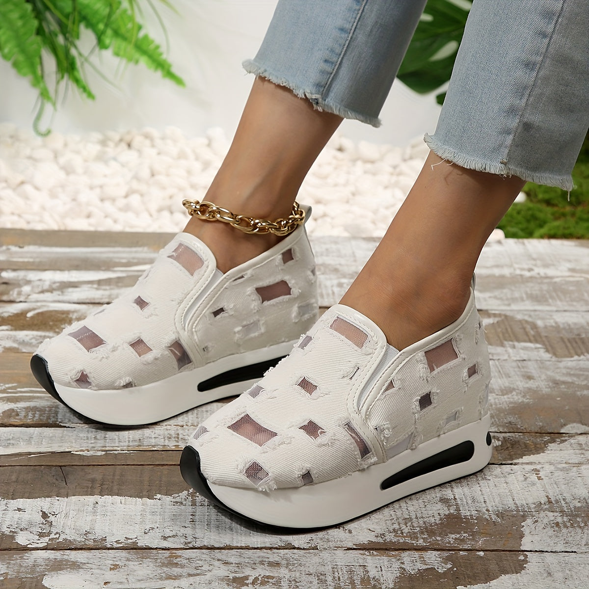 Mesh Ripped Slip On Chunky Sneakers Thick Sole Walking Shoes