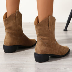 Retro Western Mid Calf Boots Embroidered Pointed Toe Chunky Cowgirl Boots