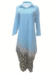 Leopard Print Maxi Shirt Dress Button Front Long Sleeve