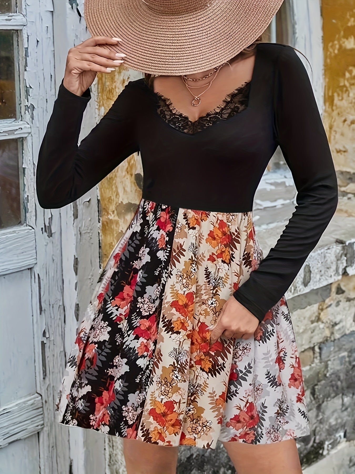 Floral Print Lace Long Sleeve V Neck Dress