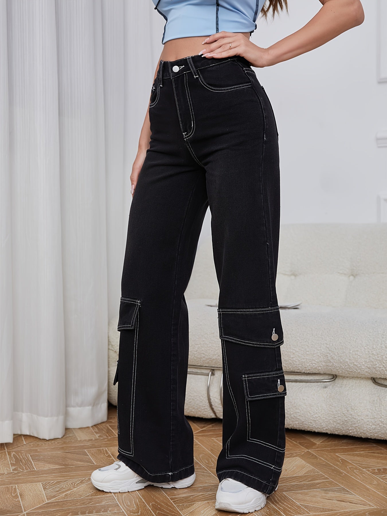 High Waist Flap Pockets Cargo Pants Loose Fit