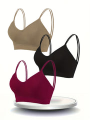 3pcs Solid Ribbed Wireless Bras Double Straps Lingerie