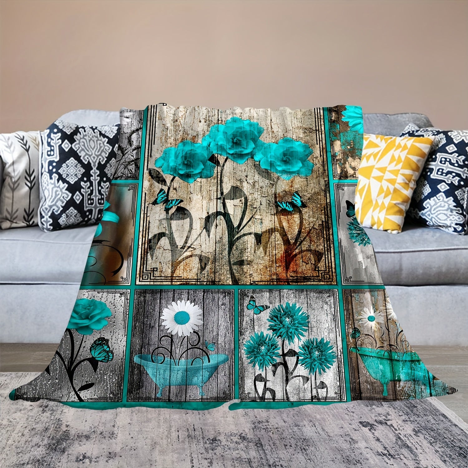 Floral Butterfly Plaid Throw Blanket Soft Lightweight Blanket