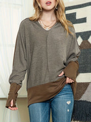 Retro Block Long Sleeves V Neck T shirt