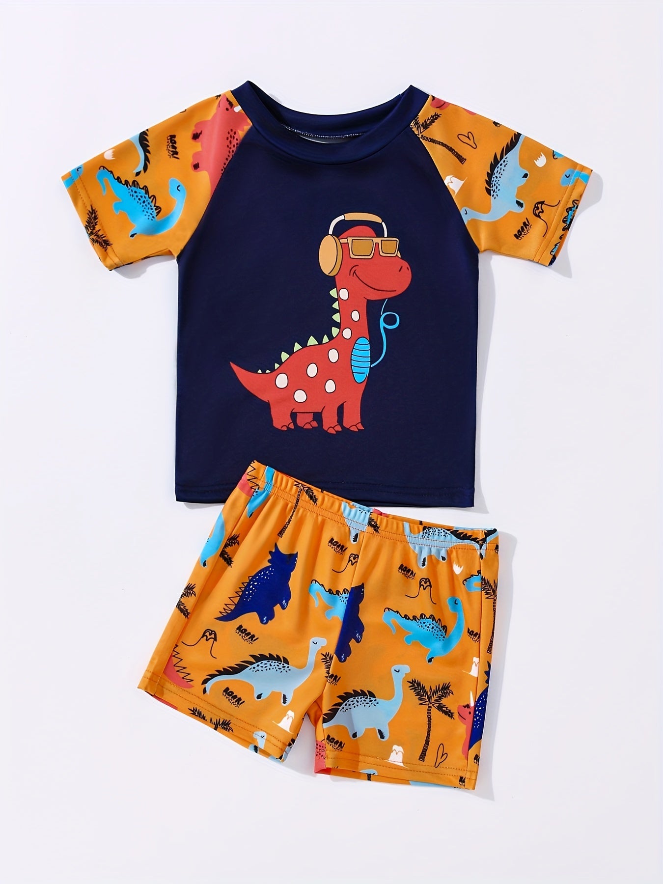 Kid's Swim Trunks & Tops 2pcs Dino Music Print, Beach Vacation Casual Set