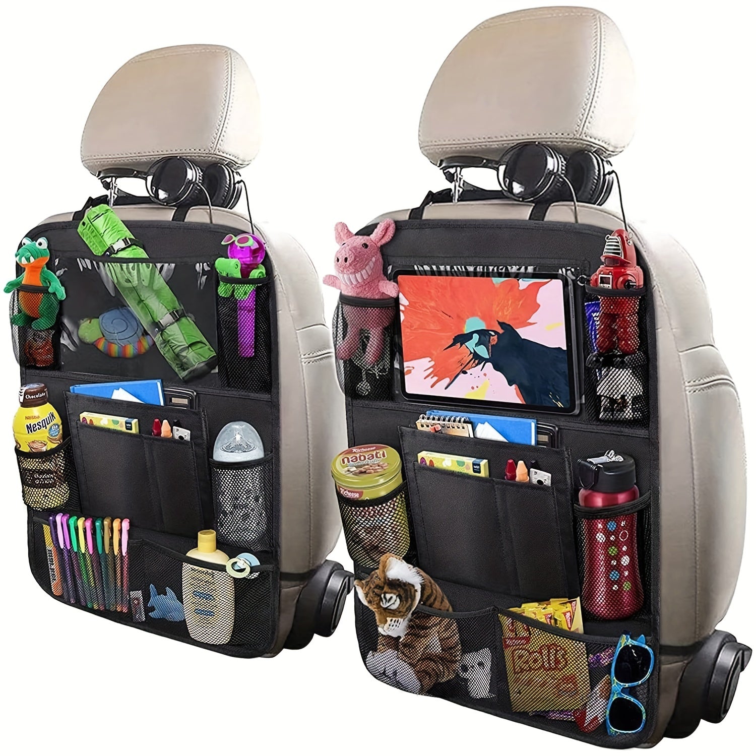 Car Organizer Kick Mats Screen Tablet Holder Storage Pockets