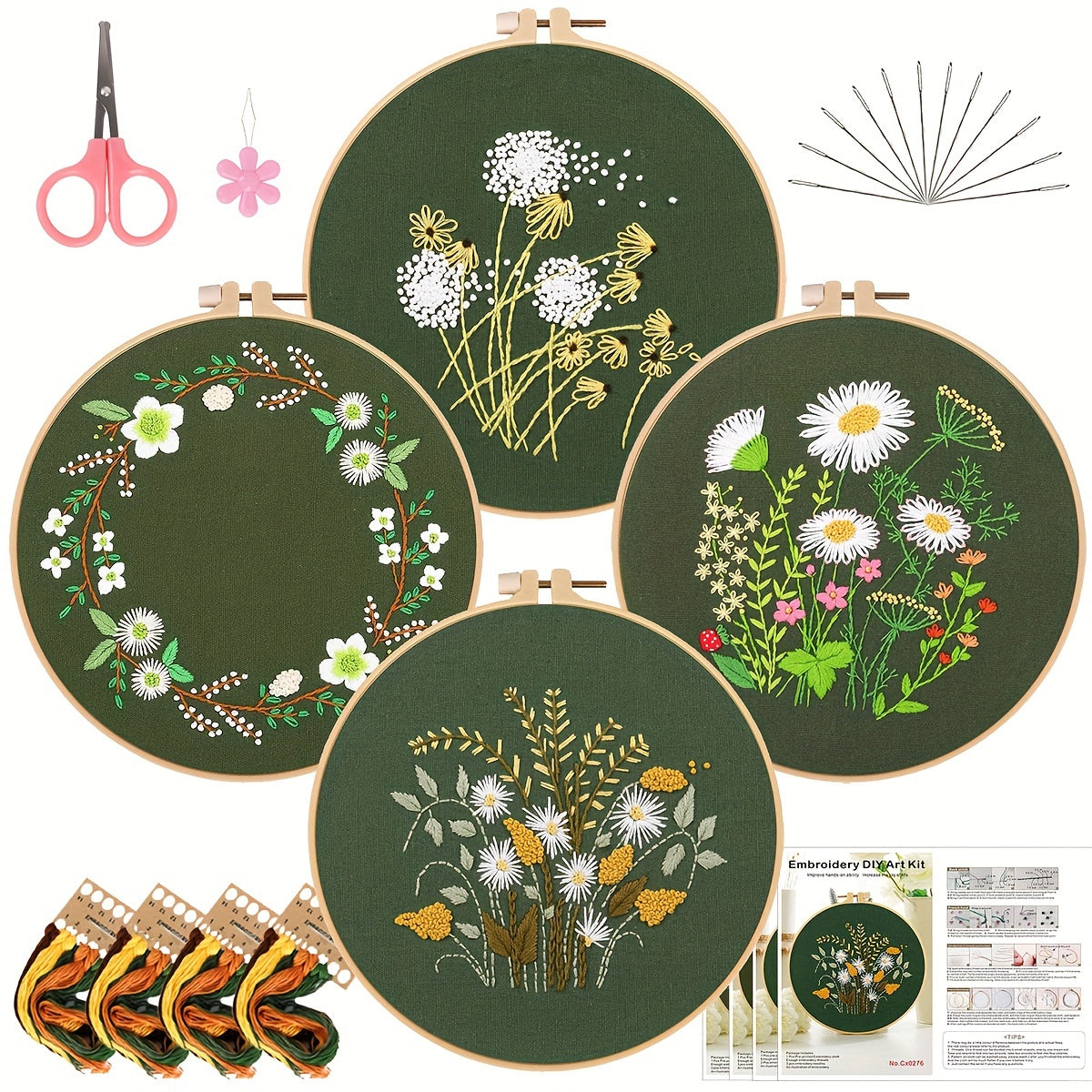 4pcs DIY Flowers And Plants Embroidery Kit with Embroidery Hoop 20.07 cm