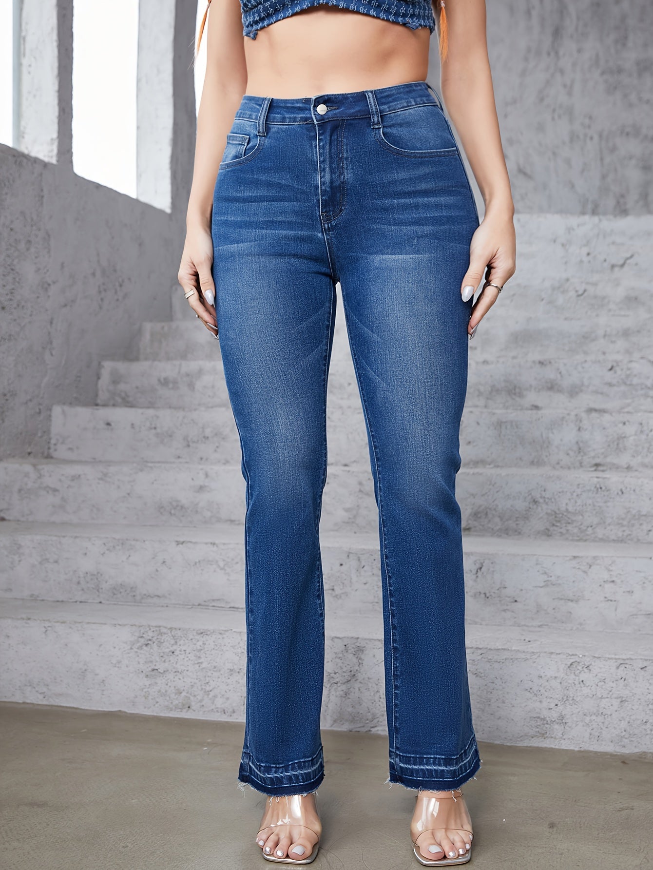Plus Washed Button Fly High Rise Flared Leg Jeans