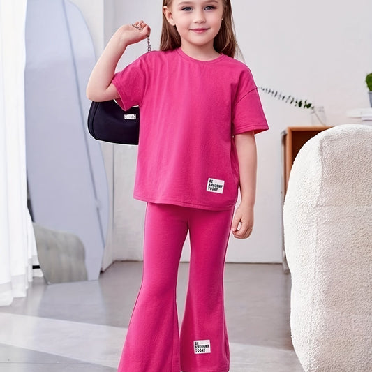 Girl's 2pcs Tshirt & Flared Pants Set BE AWESOME TODAY Patched Short Sleeve Top