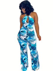 Casual Jumpsuit Women's Plus Random Print Cut Out Halter Neck