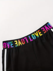 Kid Girls 2pcs Yoga Shorts Set Dry Fit Rainbow Letter Waistband Sportwear Shorts