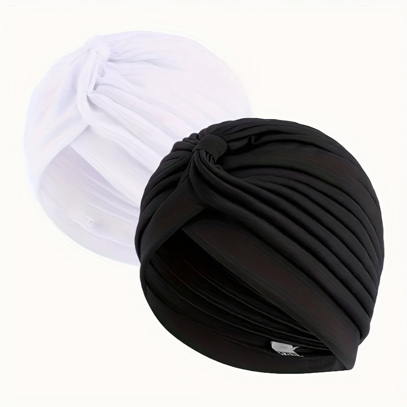 2pcs Pleated Elastic Turban Cap Solid Head Wraps Casual Hijab Hats