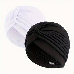 2pcs Pleated Elastic Turban Cap Solid Head Wraps Casual Hijab Hats