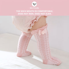 3 Pairs Baby Girls Non Slip Floor Socks Bow Ruffled Knee High Socks